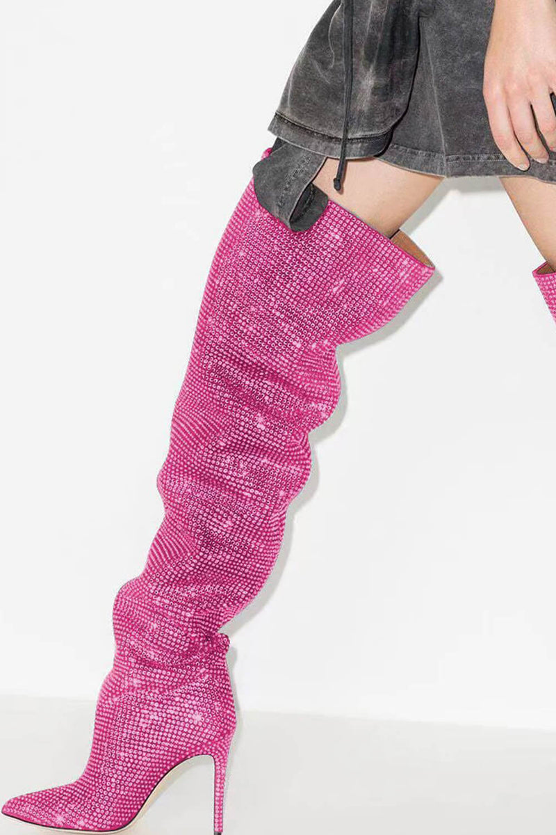 Crystal-Embellished Point Toe Over The Knee Slouch Stiletto Heeled Boots - Hot Pink