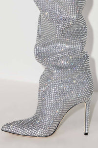 Crystal-Embellished Point Toe Over The Knee Slouch Stiletto Heeled Boots - Silver