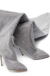 Crystal-Embellished Point Toe Over The Knee Slouch Stiletto Heeled Boots - Silver