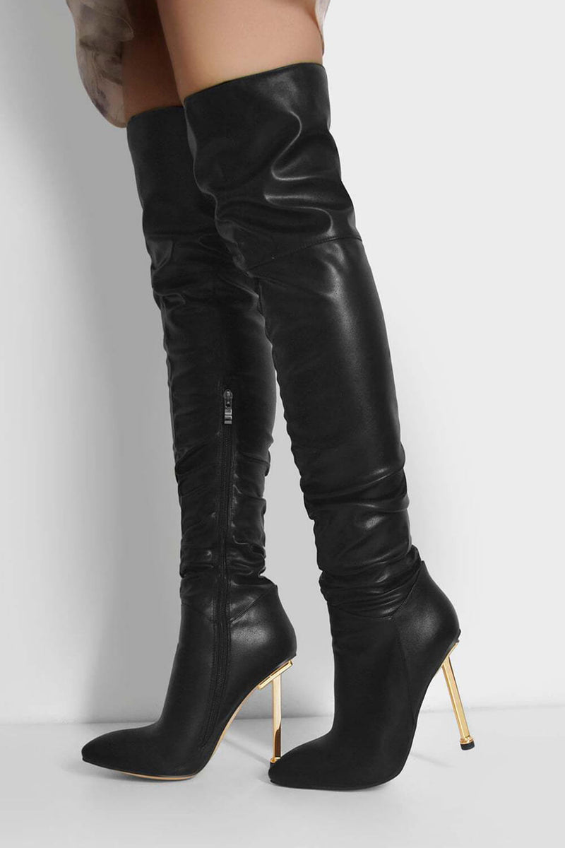 Faux Leather Ruched Point Toe Stiletto Thigh High Boots
