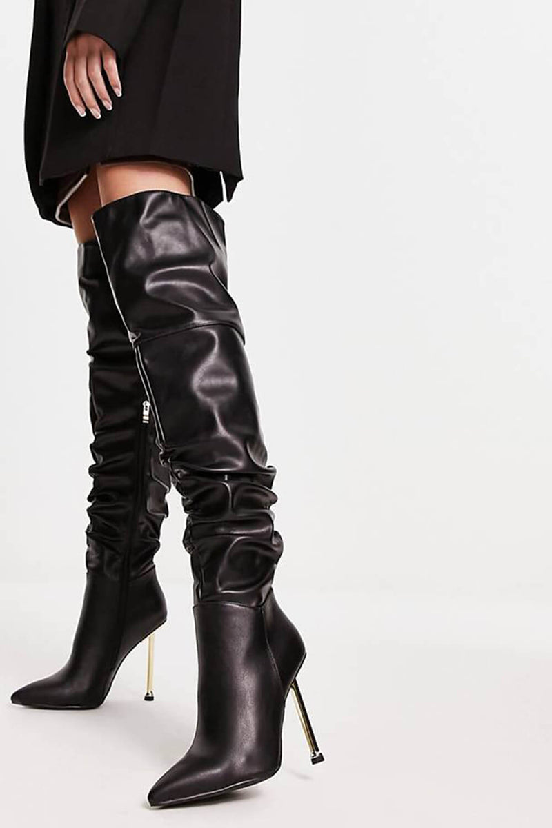 Faux Leather Ruched Point Toe Stiletto Thigh High Boots