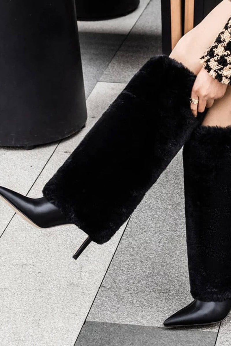 Fur Fold Over Knee High Stiletto Heeled Pointed Boots - Black