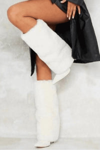 Fur Fold Over Knee High Stiletto Heeled Pointed Boots - White