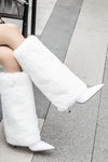 Fur Fold Over Knee High Stiletto Heeled Pointed Boots - White