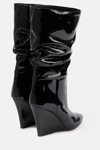 Patent Ruched-Detail Pointed Toe Mid-Calf Wedge Boots