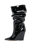 Patent Ruched-Detail Pointed Toe Mid-Calf Wedge Boots
