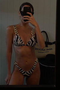 Zebra Print Triangle Gold Chain High-Cut Bikini Set