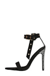 Rhinestone Embellished Denim Pointed Toe Buckle Stiletto Shoes - Black