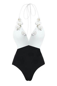 Black White Two-Tone V Neck 3D Flower Wrap Tie One Piece Swimsuit