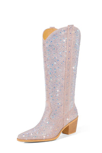 Rhinestones Embellished Western Cowboy Mid-Calf Pointed Toe Block Heeled Boots - Nude