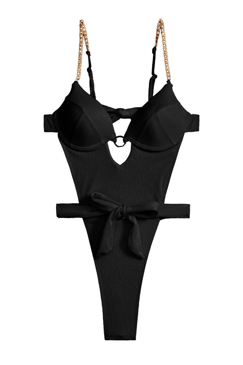 Underwire Wrap Around Cut Out Monokini With Gold Chain Details- Black