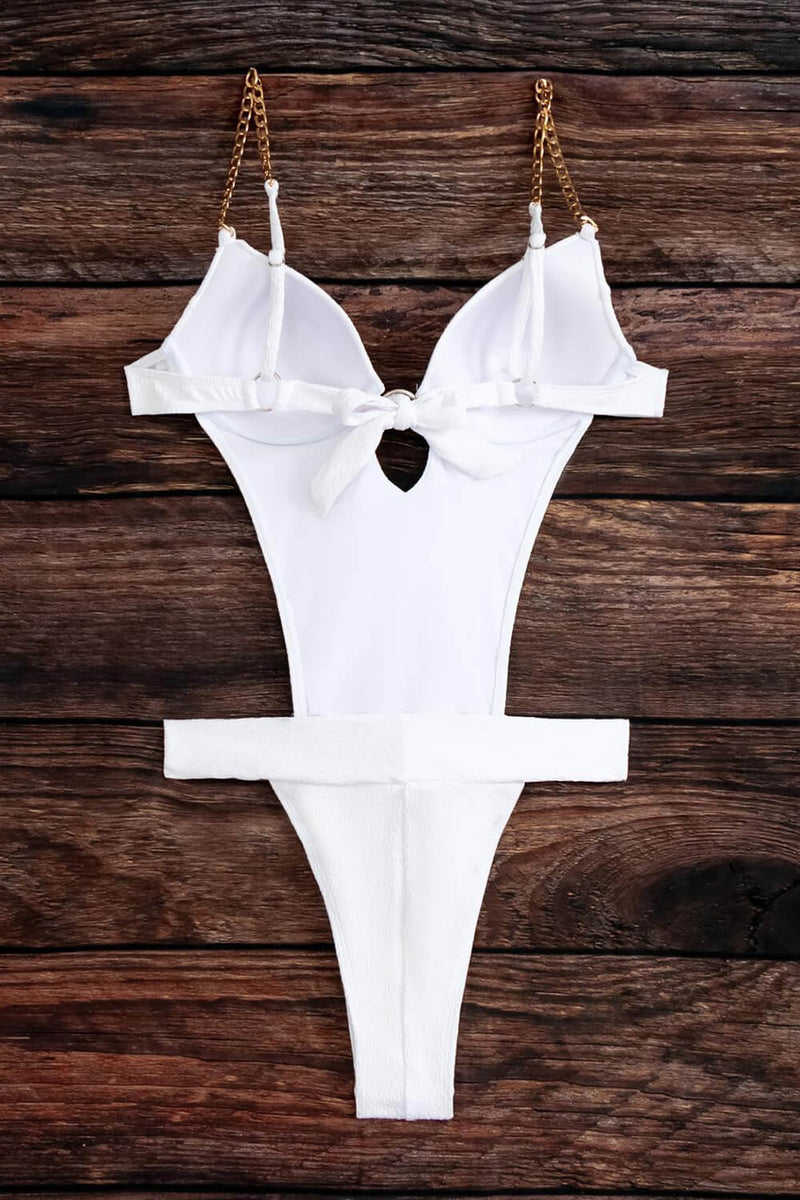Underwire Wrap Around Cut Out Monokini With Gold Chain Details- White