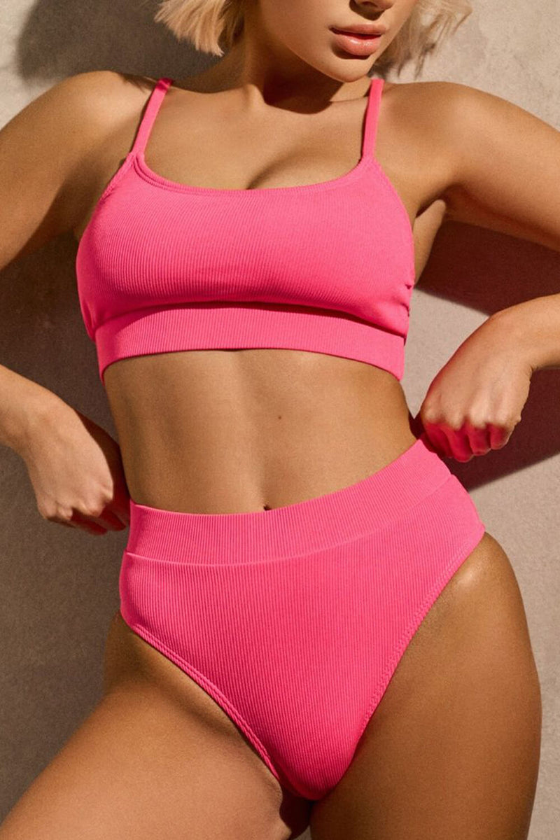 Rib Sporty High Waisted Bikini Set - Pink