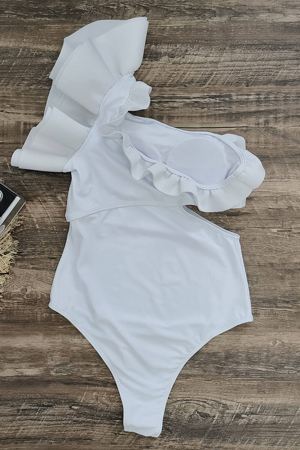 White Ruffle Cut Out One Shoulder One Piece Swimsuit