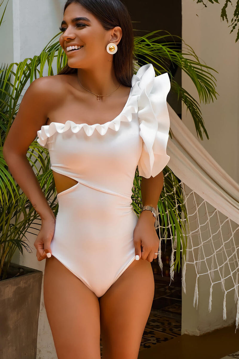 White Ruffle Cut Out One Shoulder One Piece Swimsuit