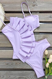 Ruffled Cut Out One Piece Swimsuit - Lilac