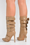 Multi Buckle Pointed Toe Ankle High Heel Boots - Nude