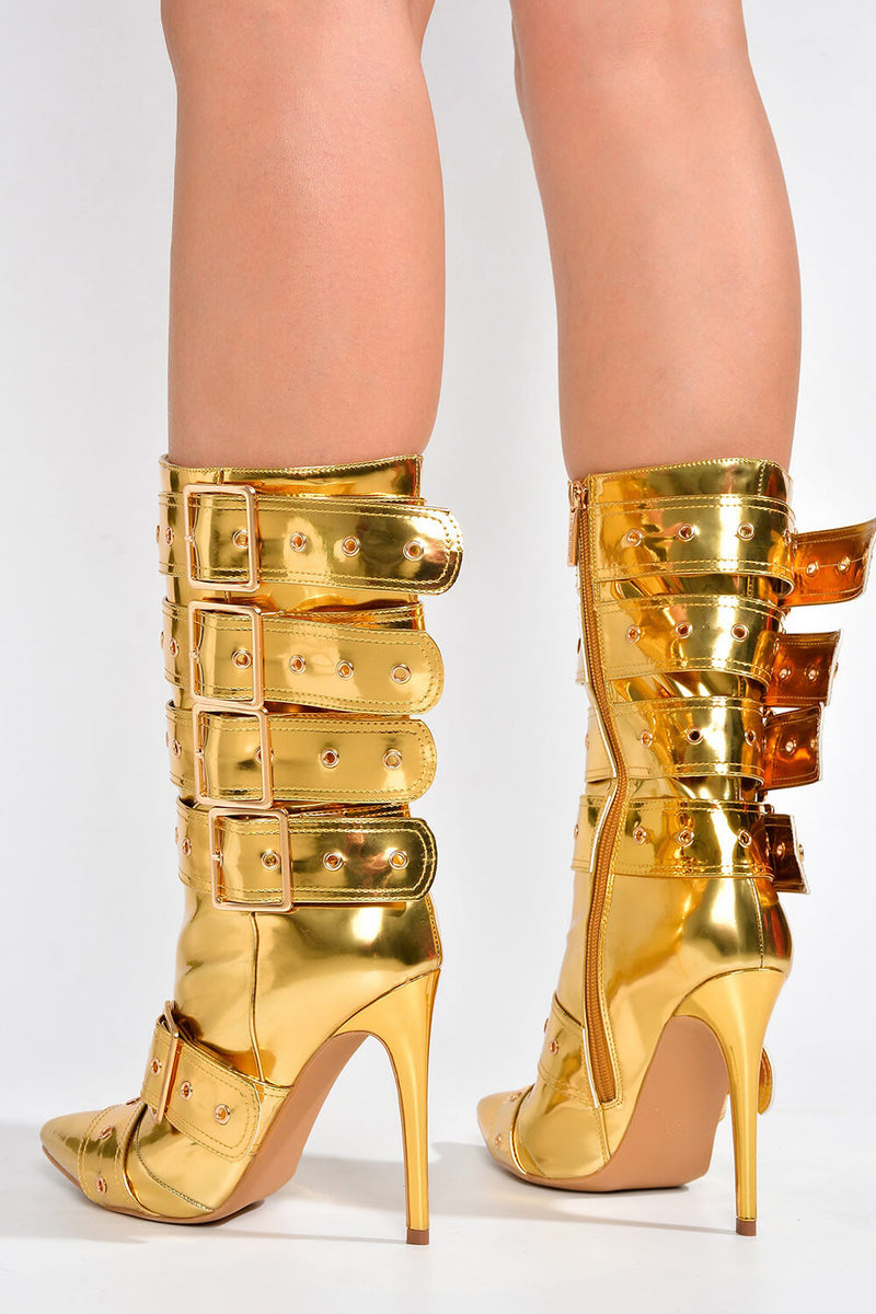 Multi Buckle Pointed Toe Ankle High Heel Boots - Metallic Gold
