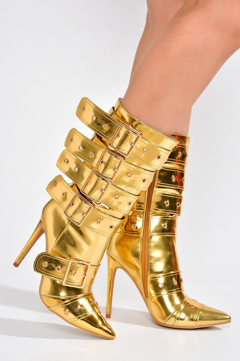 Multi Buckle Pointed Toe Ankle High Heel Boots - Metallic Gold