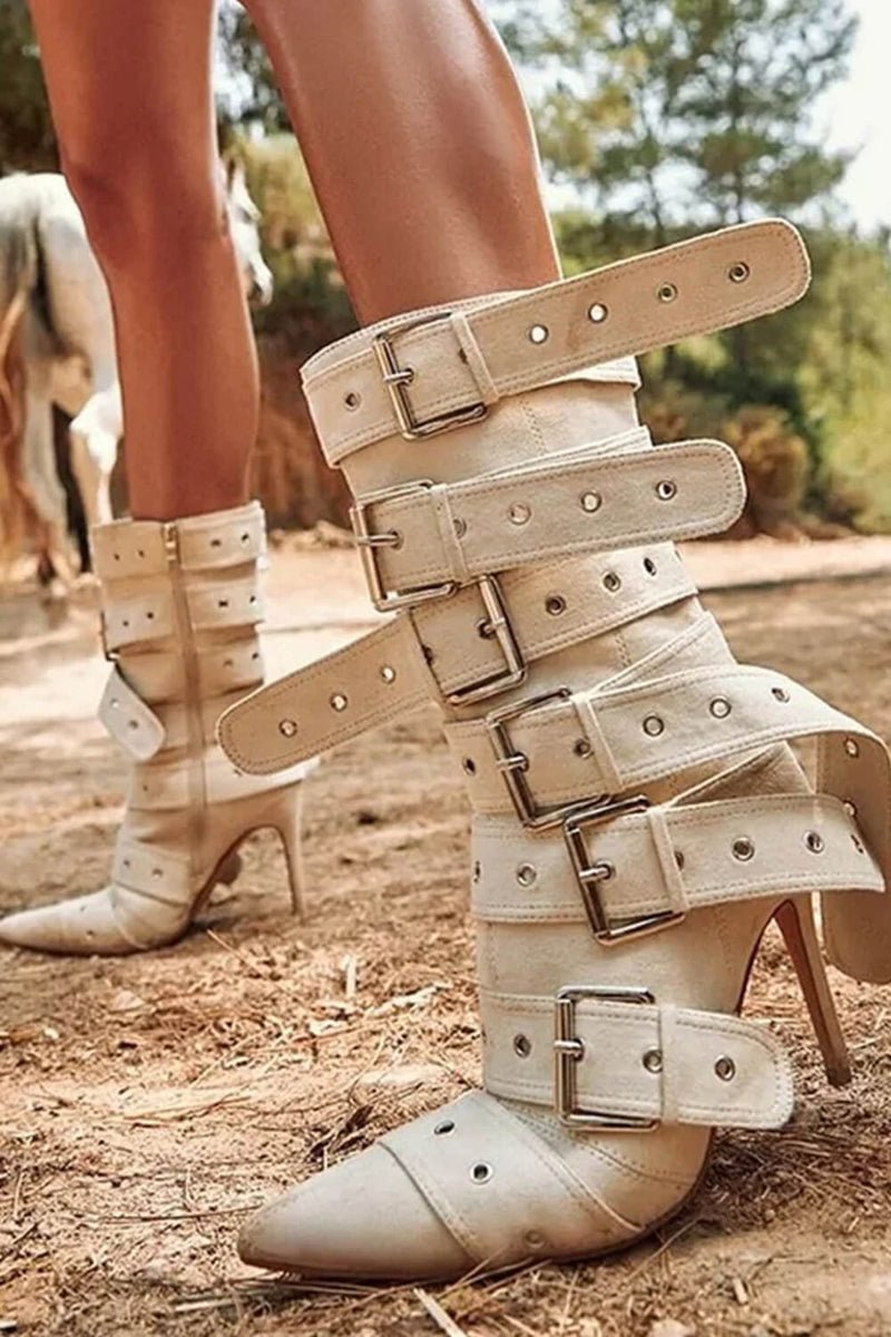 Multi Buckle Pointed Toe Above The Ankle High Heel Boots - Nude