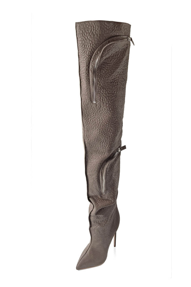Bubble Textured Faux Leather Zip Detail Cargo Thigh High Stiletto Boots - Taupe