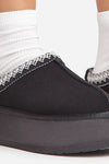 Aztec Detail Faux Fur Lining Platform Slipper In Faux Suede - Black