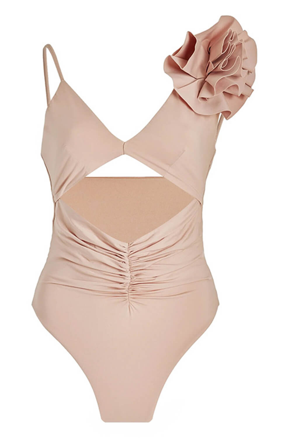 Nude Ruffled V-Neck Cut Out One-Piece Swimsuit