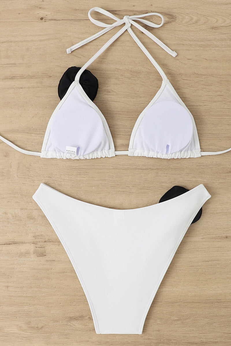 Rosette Triangle Halter High-Cut Bikini Set - Black White