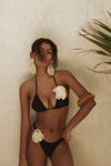 Rosette Triangle Halter High-Cut Bikini Set - White Black