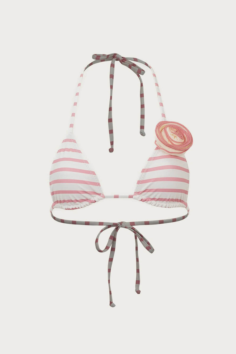 Rosette Triangle Halter High-Cut Bikini Set - Pink White Stripe