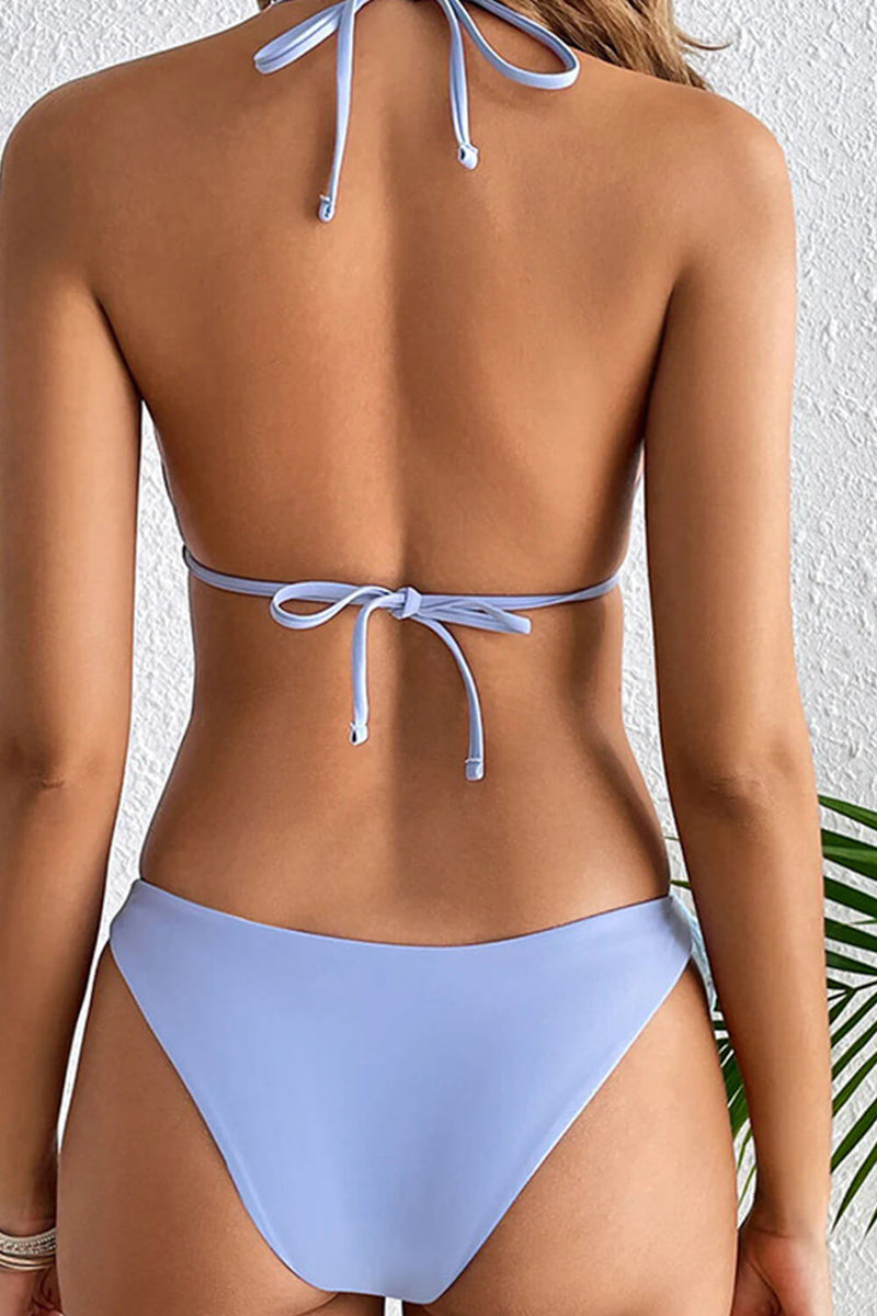 Light Blue Flower Detail Halterneck Triangle Bikini Set