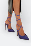 Crystal Embellished Lace Up Pointed Toe Court Stiletto Heel - Blue
