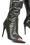 Crocodile-Effect Peep Toe Thigh High Stiletto Boots - Black