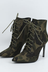 Camo Lace Up Point Ankle Stiletto Boots