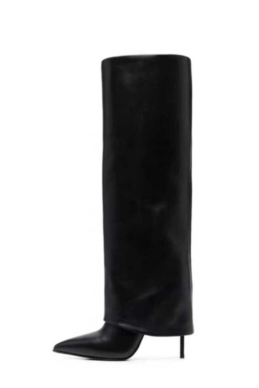 Black Faux Leather Folded Over Knee High Stiletto Heeled Boots