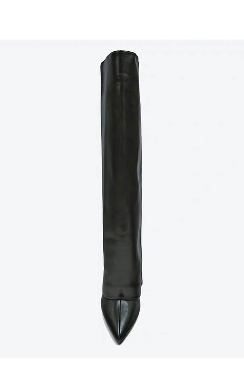Black Faux Leather Folded Over Knee High Stiletto Heeled Boots