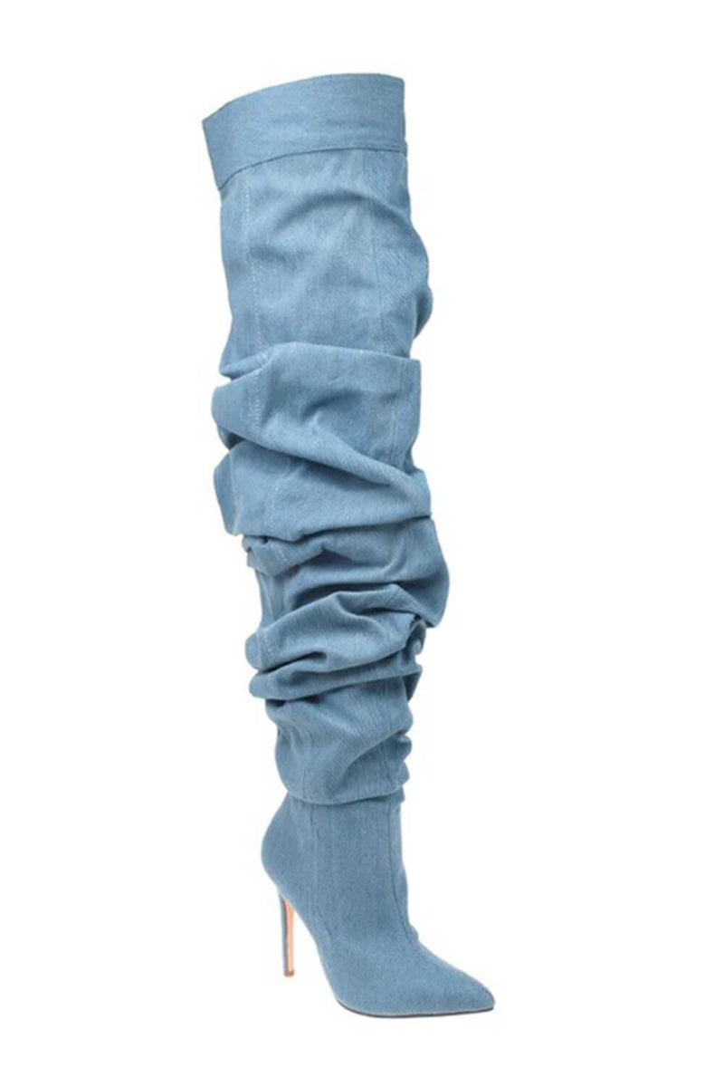 Denim Ruched Over-The-Knee Pointed Toe Stiletto Boots - Light Blue