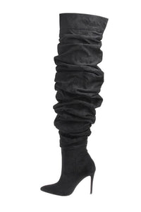 Denim Ruched Over-The-Knee Pointed Toe Stiletto Boots - Black
