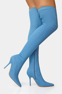 Blue Denim Seam Detail Pointed Toe Thigh High Stiletto Boots