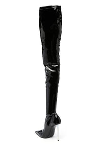 Patent Pointed Toe Thigh High Stiletto Boots - Black