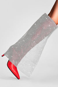 Rhinestone Mesh Overlay Pointed Toe Knee High Stiletto Boots - Red