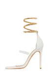 Faux Snake Print Ankle Spiral Open Square Toe Stiletto Sandals - White