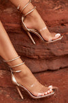 Faux Snake Print Ankle Spiral Open Square Toe Stiletto Sandals - Gold