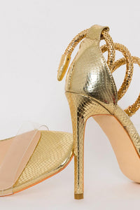 Faux Snake Print Ankle Spiral Open Square Toe Stiletto Sandals - Gold
