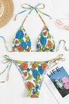 Floral Print Crinkle Triangle Halter Tie Side Bikini Set