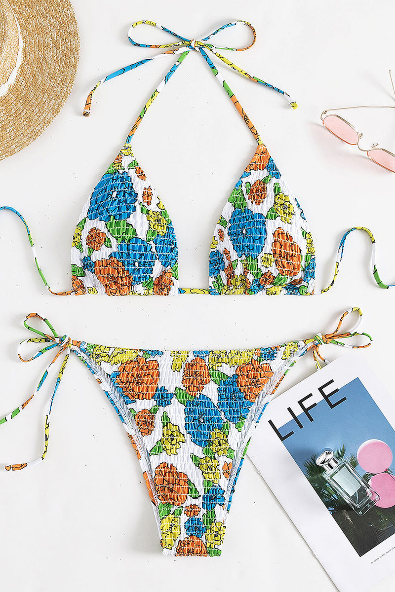 Floral Print Crinkle Triangle Halter Tie Side Bikini Set