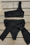 One Shoulder High-Waisted Bikini Set With Golden Buckle Details - Black