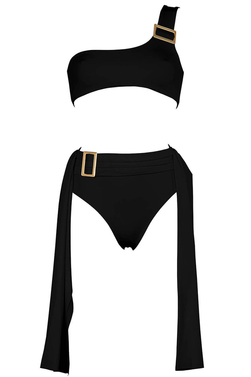 One Shoulder High-Waisted Bikini Set With Golden Buckle Details - Black