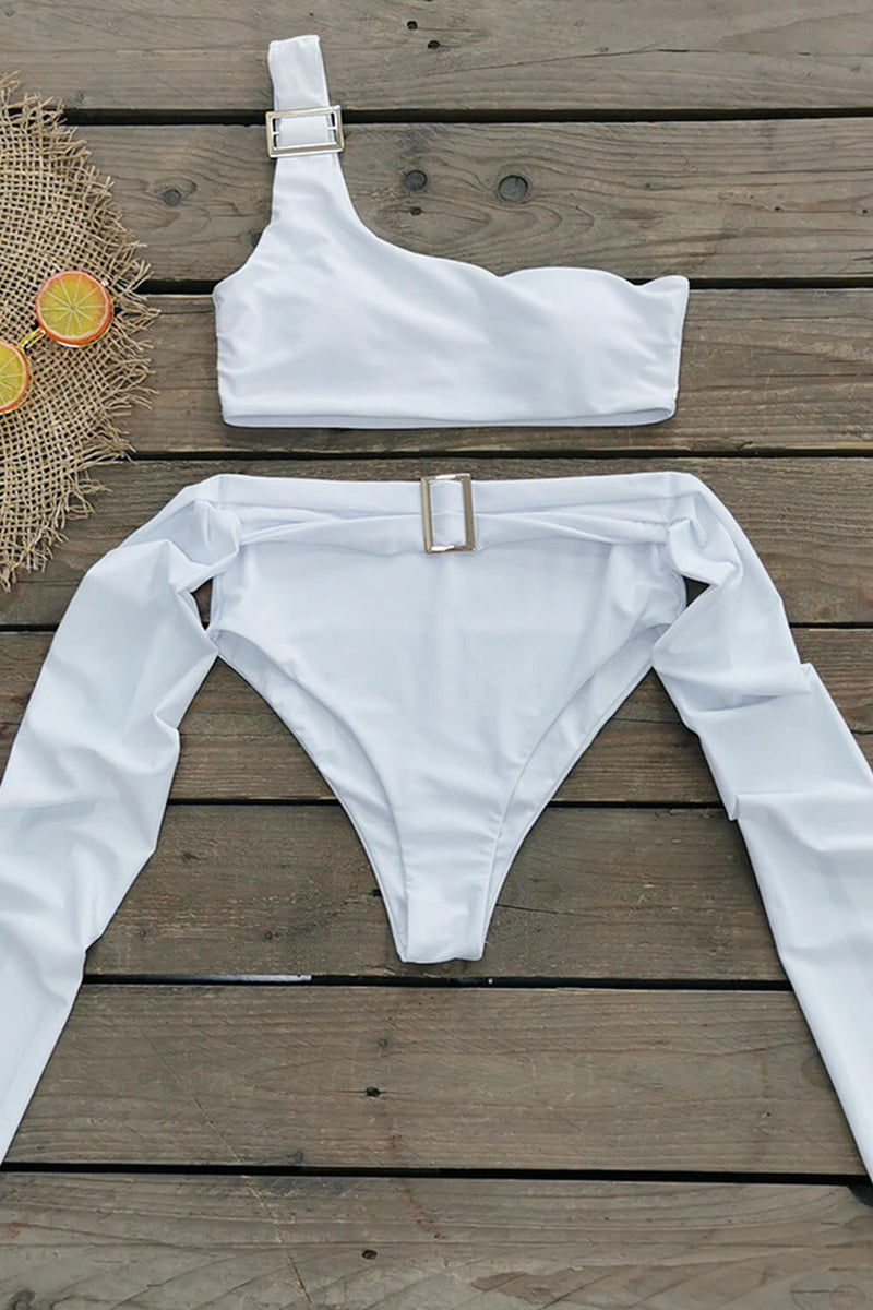 One Shoulder High-Waisted Bikini Set With Golden Buckle Details - White