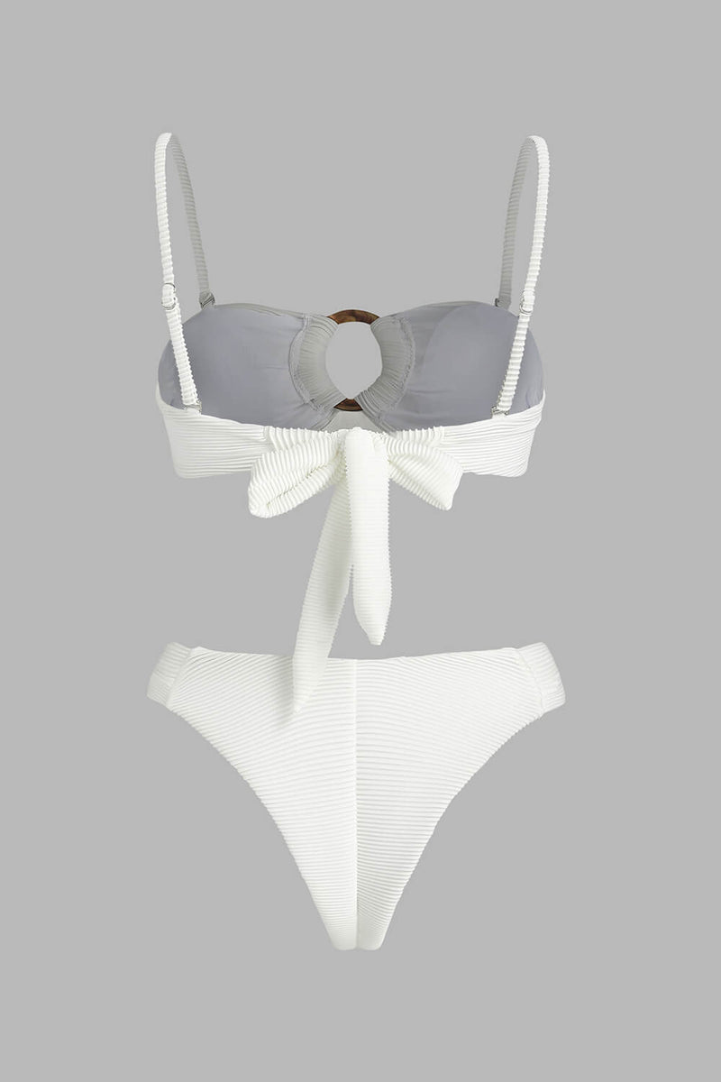 Ribbed Bandeau Tie Back Bikini Set With Tortoise Shell O-Ring Detail - White
